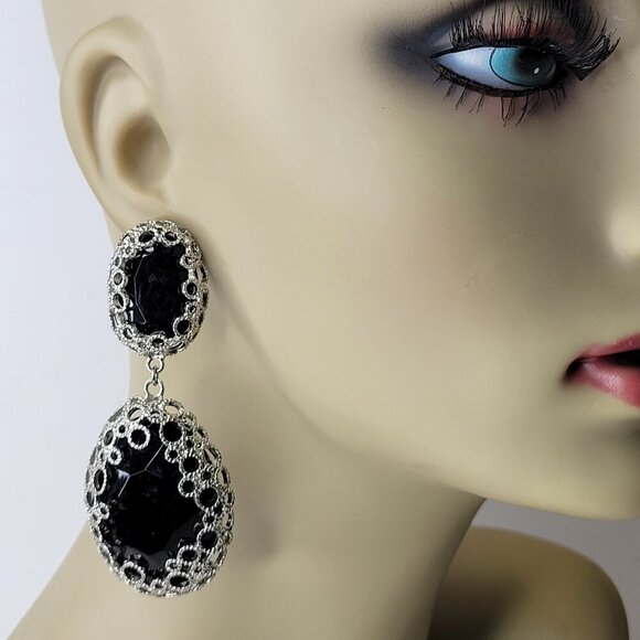 Black and Silver Earrings Chandelier Earrings Statement Earrings Filigree Silver - Picture 1 of 11